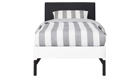 Bed Sky beuken met hoofdbord stof en poot metaal, wit lederlook zwart