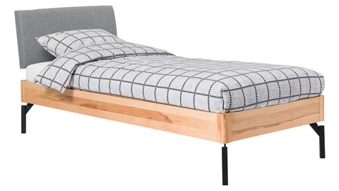 Bed Sky beuken met hoofdbord stof en poot metaal, beuken stof basalt