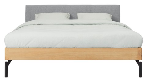 Bed Sky eiken met hoofdbord stof en poot metaal, honing stof basalt