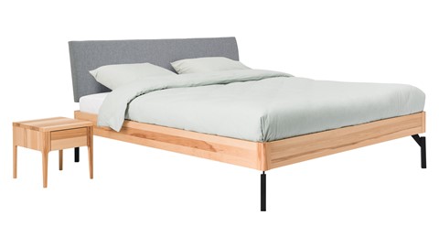 Bed Sky beuken met hoofdbord stof en poot metaal, beuken stof basalt