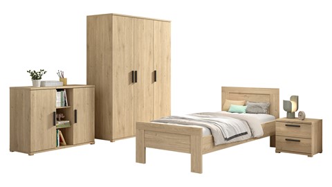 Kinderkamer Sam met bed, nachtkast, commode 2 deuren en 3 deurs draaideurkast, eik