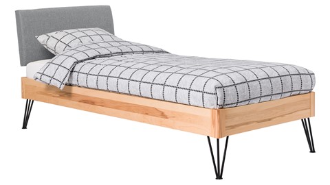 Bed Sky beuken met hoofdbord stof en poot driehoek, beuk stof basalt