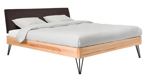 Bed Sky beuken met hoofdbord stof en poot driehoek, beuk lederlook grijs