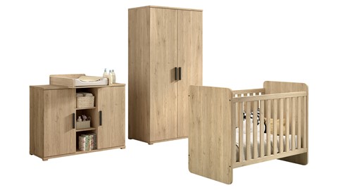 Kinderkamer Sam met doorgroeibed, commode 2 deuren, opzet en 2 deurs draaideurkast, eik