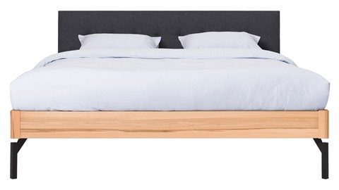 Bed Sky beuken met hoofdbord gecapitonneerd en poot metaal, beuk stof grijs