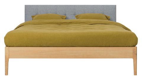 Bed Sky eiken met hoofdbord gecapitonneerd en poot hout, honing stof basalt