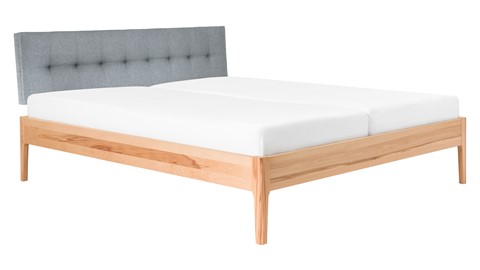 Bed Sky beuken met hoofdbord gecapitonneerd en poot hout, beuk stof basalt