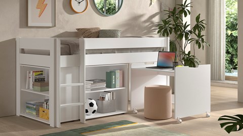 Halfhoogslaper met bureau en 2 boekenkasten Primo, wit