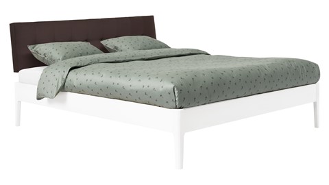 Bed Sky beuken met hoofdbord gecapitonneerd en poot hout, wit lederlook grijs