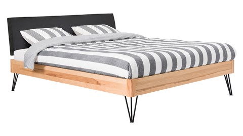 Bed Sky beuken met hoofdbord stof en poot driehoek, beuk lederlook zwart