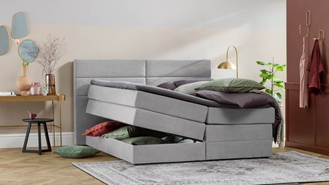 Opbergboxspring Pearl vlak met gestoffeerd matras, lightgrey