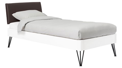 Bed Sky beuken met hoofdbord stof en poot driehoek, wit lederlook grijs