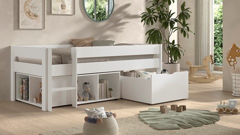 Halfhoogslaper laag met 2 boekenkasten en bedla Primo, wit