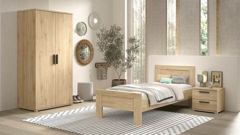 Kinderkamer Sam met bed, nachtkast en 2 deurs draaideurkast, eik