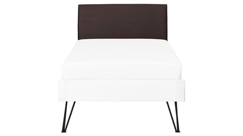 Bed Sky beuken met hoofdbord stof en poot driehoek, wit lederlook grijs