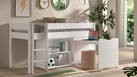 Halfhoogslaper met boekenkast en bureau Primo, wit