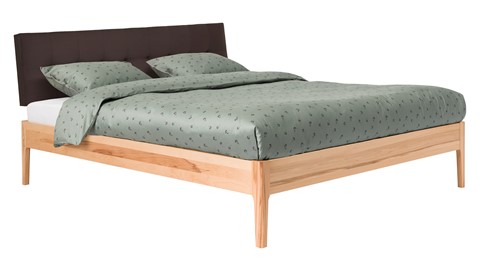 Bed Sky beuken met hoofdbord gecapitonneerd en poot hout, beuk lederlook grijs