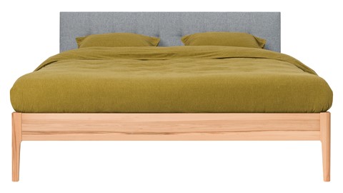 Bed Sky beuken met hoofdbord gecapitonneerd en poot hout, beuk stof basalt