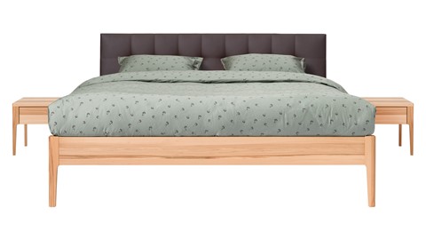 Bed Sky beuken met hoofdbord gecapitonneerd en poot hout, beuk lederlook grijs