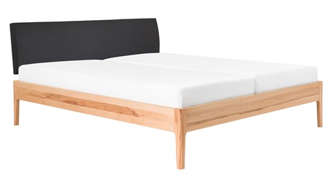 Bed Sky beuken met hoofdbord stof en poot hout, beuken lederlook zwart