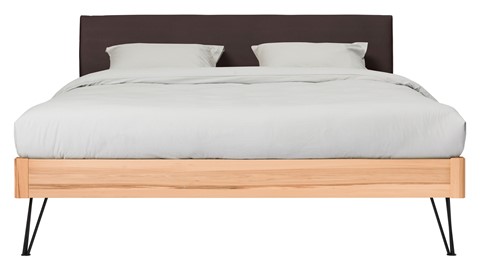 Bed Sky beuken met hoofdbord stof en poot driehoek, beuk lederlook grijs