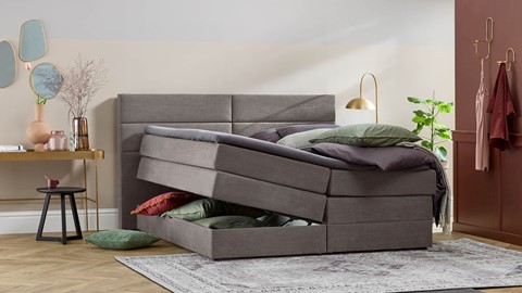 Opbergboxspring Pearl vlak met gestoffeerd matras, taupe