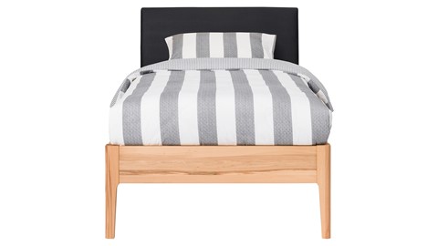 Bed Sky beuken met hoofdbord stof en poot hout, beuken lederlook zwart