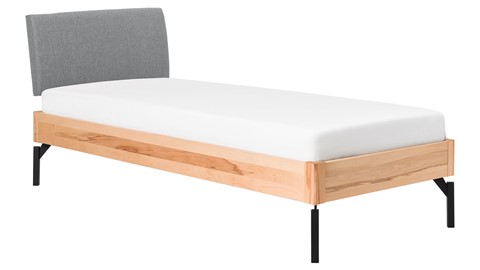 Bed Sky beuken met hoofdbord stof en poot metaal, beuken stof basalt