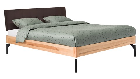 Bed Sky beuken met hoofdbord gecapitonneerd en poot metaal, beuk lederlook grijs