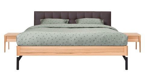 Bed Sky beuken met hoofdbord gecapitonneerd en poot metaal, beuk lederlook grijs