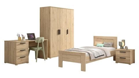 Kinderkamer Sam met bed, nachtkast, bureau en 3 deurs draaideurkast, eik
