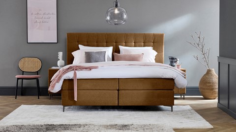 Boxspring Jade vlak met gestoffeerd matras, cognac