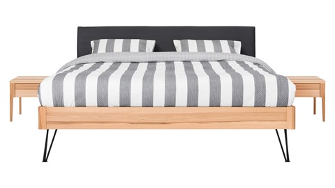 Bed Sky beuken met hoofdbord stof en poot driehoek, beuk lederlook zwart