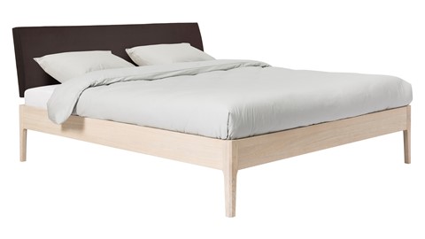 Bed Sky eiken met hoofdbord stof en poot hout, eiken lederlook grijs