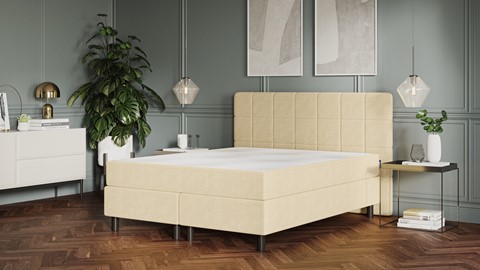 Boxspring Emma Deluxe Elegant vlak  met gestoffeerd matras en poot zwart, beige