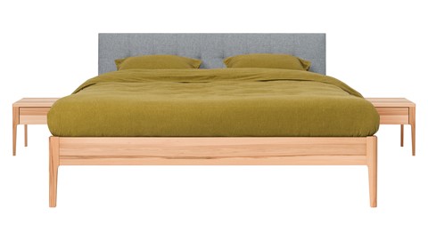Bed Sky beuken met hoofdbord gecapitonneerd en poot hout, beuk stof basalt