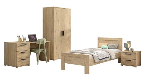 Kinderkamer Sam met bed, nachtkast, bureau en 2 deurs draaideurkast, eik
