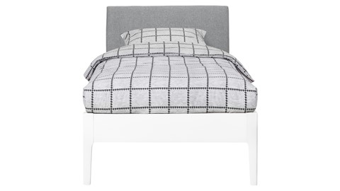Bed Sky beuken met hoofdbord stof en poot hout, wit stof basalt