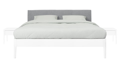 Bed Sky beuken met hoofdbord stof en poot hout, wit stof basalt