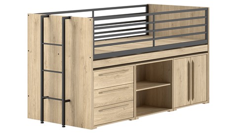 Halfhoogslaper Sam met boekenkast, commode 2 deuren en commode 3 laden, eik