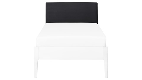 Bed Sky beuken met hoofdbord stof en poot hout, wit lederlook zwart