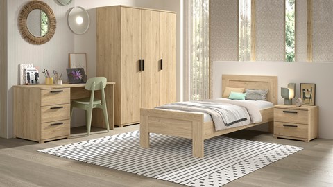 Kinderkamer Sam met bed, nachtkast, bureau en 3 deurs draaideurkast, eik
