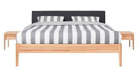 Bed Sky beuken met hoofdbord stof en poot hout, beuken lederlook zwart