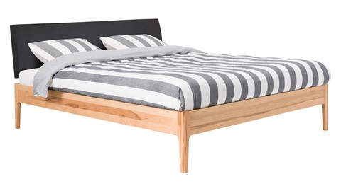 Bed Sky beuken met hoofdbord stof en poot hout, beuken lederlook zwart