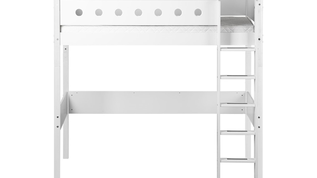 Hoogslaper, 90 x 200 cm, kinderbed met bureau, opstaptrap voor opslag, minimalistische stijl, ijzeren frame, zwart
