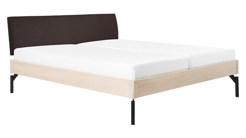 Bed Sky eiken met hoofdbord stof en poot metaal, eiken lederlook grijs