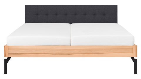 Bed Sky beuken met hoofdbord gecapitonneerd en poot metaal, beuk stof grijs