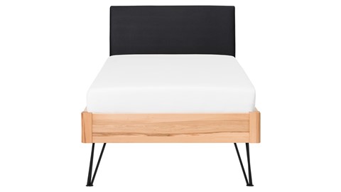Bed Sky beuken met hoofdbord stof en poot driehoek, beuk lederlook zwart