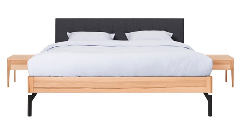 Bed Sky beuken met hoofdbord gecapitonneerd en poot metaal, beuk stof grijs