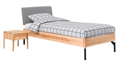 Bed Sky beuken met hoofdbord stof en poot metaal, beuken stof basalt